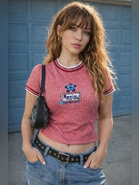 Vintage Y2K Replay Baby Tee Red Gingham Graphic Crop Top Made in Italy Size S